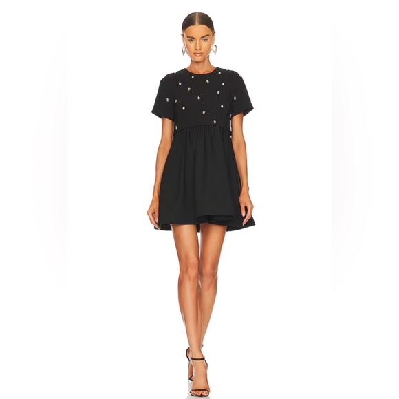 $298 LIKELY Marcia Dress Black Satin Embellished Short Sleeve Sz 2 - Picture 1 of 9